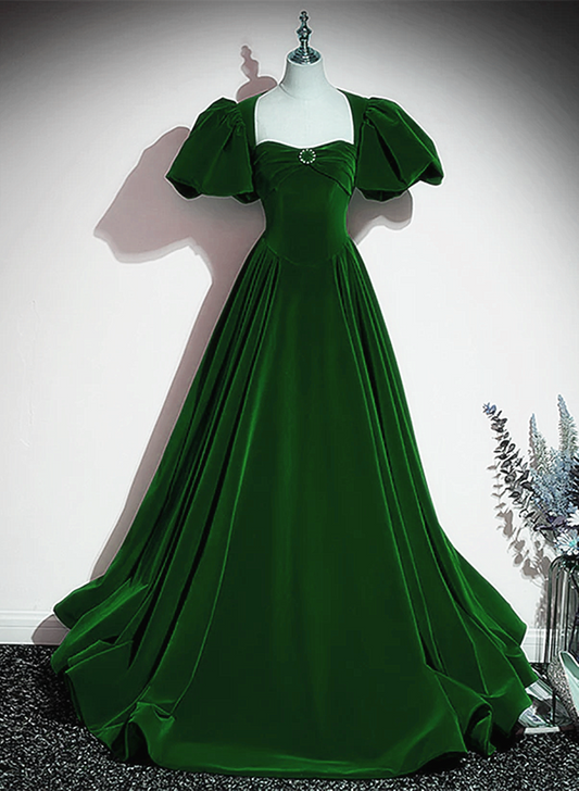 Green A-line Velvet Backless Long Party Dress, Green Short Sleeves Formal Dress Prom Dress