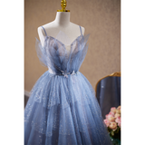 Blue Shiny Tulle Beaded Layers Long Formal Dress, Blue Long Party Dress Evening Dress