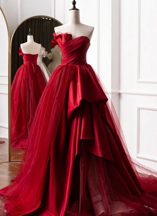 Beautiful Wine Red Sweetheart Tulle and Satin Party Dress, Wine Red Long Formal Dress