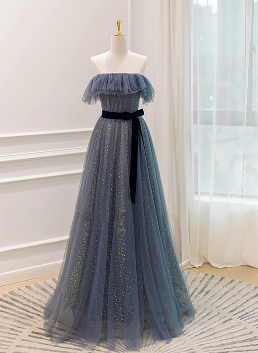 Lovely Blue A-line Shiny Tulle Sweetheart Party Dress, Blue Long Formal Dress Prom Dress