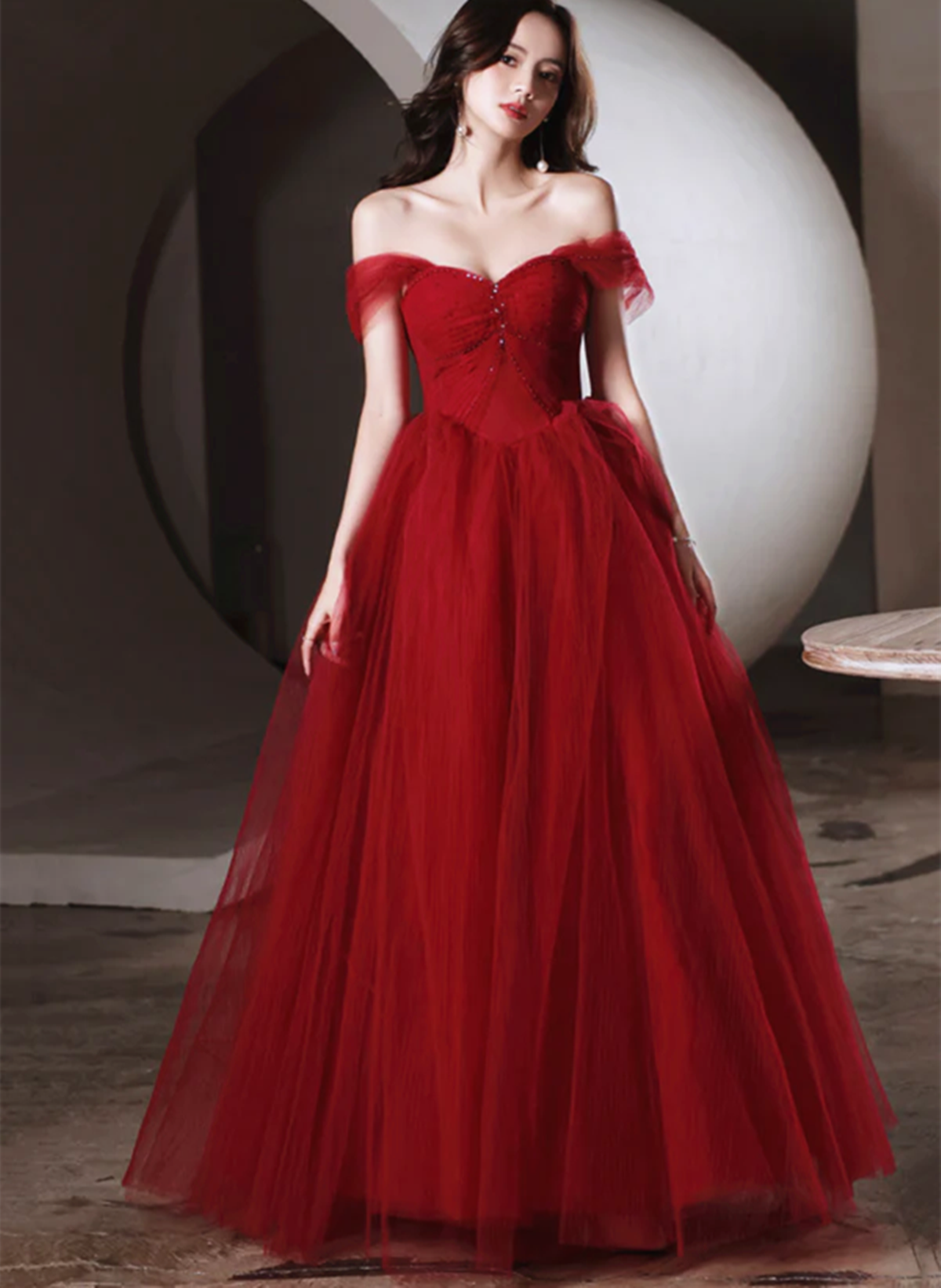 Wine Red Off ShoulderTulle Long A-Line Prom Dress, Wine Red Sweetheart Evening Dress