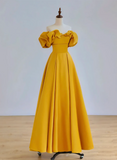 Lovely Yellow Satin A-line Off Shoulder Sweetheart Evening Dress, Yellow Floor Length Prom Dress