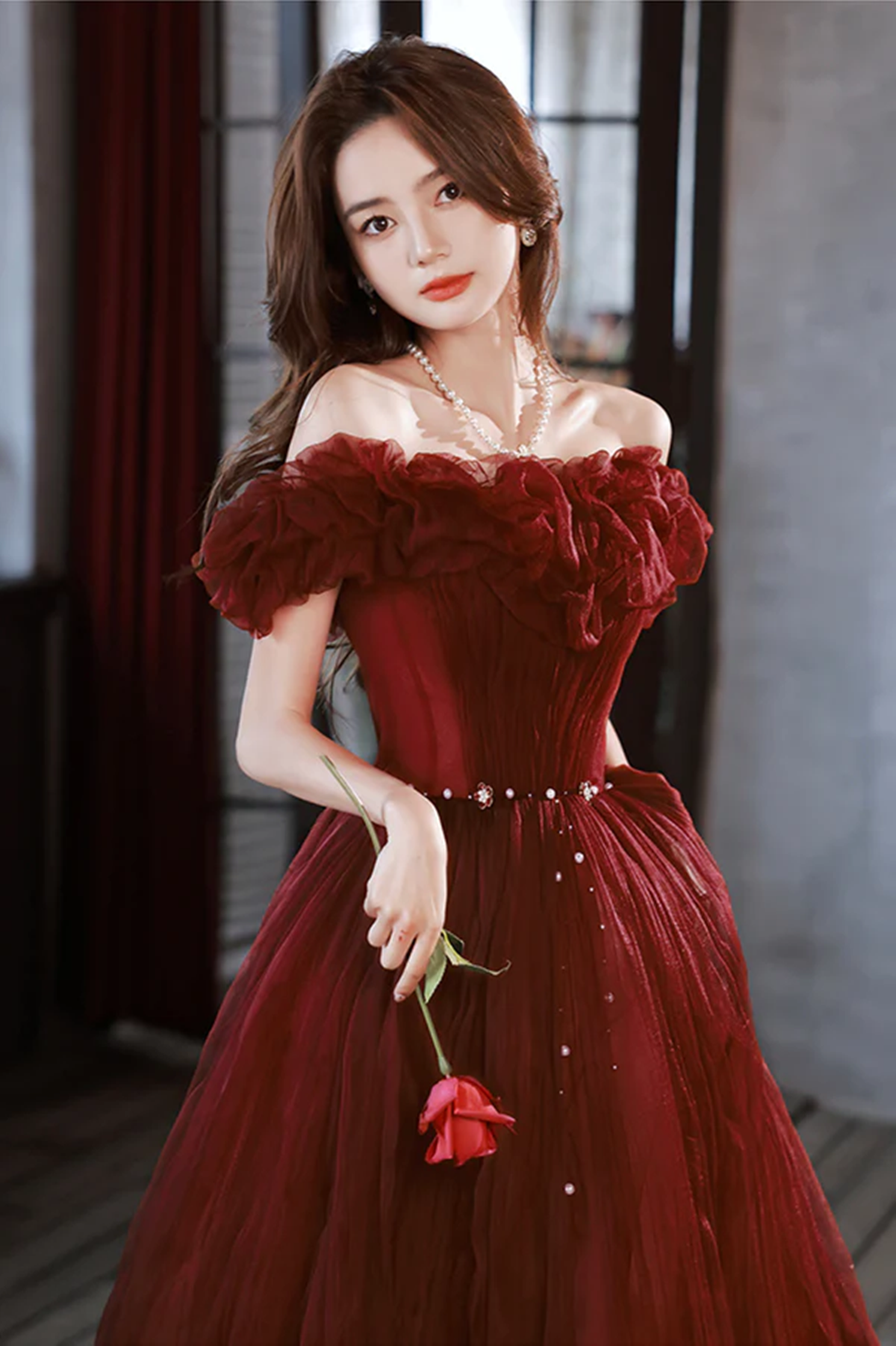 Off Shoulder A-line Tulle Long Party Dress, Wine Red Long Formal Dress Prom Dress