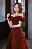 Off Shoulder A-line Tulle Long Party Dress, Wine Red Long Formal Dress Prom Dress