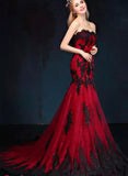 Mermaid Sweetheart With Black Lace Wine Red Party Dress, Wine Red Long Prom Dress