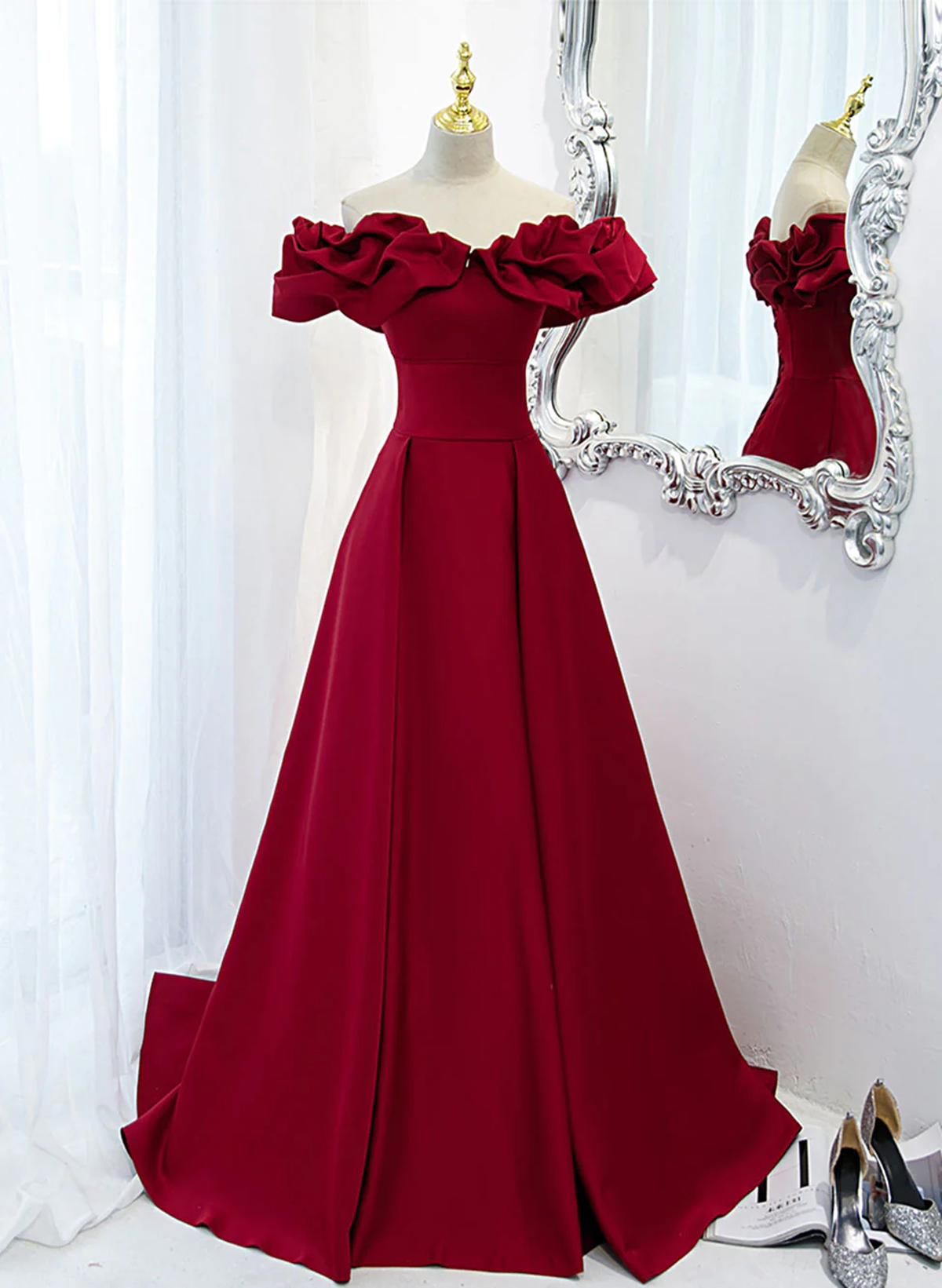 Wine Red Off Shoulder Sweetheart Long Party Dress, Wine Red Prom Dress Evening Dress