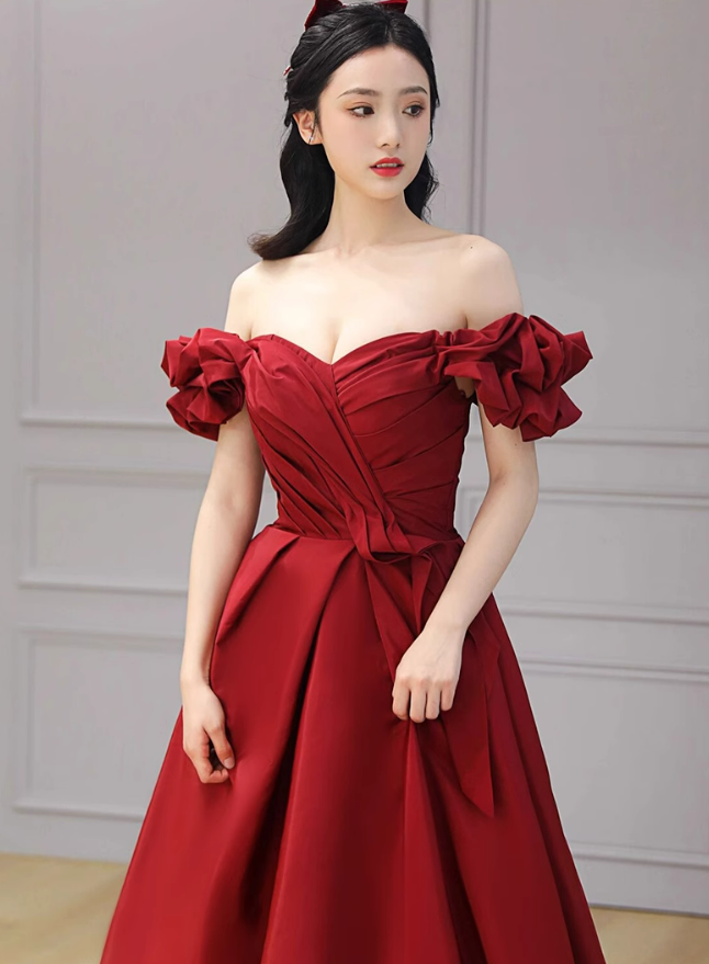 Wine Red Satin Off Shoulder A-line Prom Dress, Wine Red Satin Long Evening Dress