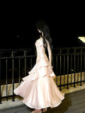 Pink Satin Mermaid Straps Chic Long Formal Dress, Pink Mermaid Prom Dress
