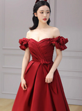 Wine Red Satin Off Shoulder A-line Prom Dress, Wine Red Satin Long Evening Dress