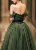 Green Tulle A-line Off Shoulder Prom Dress, Green Tull Long Formal Dress Evening Dress