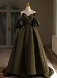 Off Shoulder A-line Satin Green Long Party Dress, Green Evening Dress Prom Dress