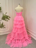 Pink Tulle  Layers Long Prom Dress, Strapless Pink Tulle Evening Dress Formal Dress