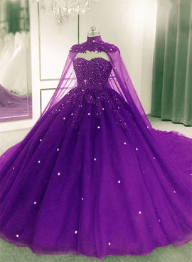 Glam Tulle Purple Ball Gown Sweet 16 Dress with Cape, Purple Long Party Dress