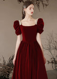 Wine Red A-Line Velvet Beads Long Prom Dress, Wine Red Evening Dress Party Dress