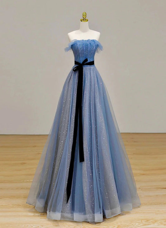 Blue A-line Tulle Long Party Dress with Belt, Blue Evening Dress prom Dress