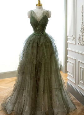 Green Tulle Beaded Straps Long Evening Dress, Green Tulle Prom Dress Party Dress