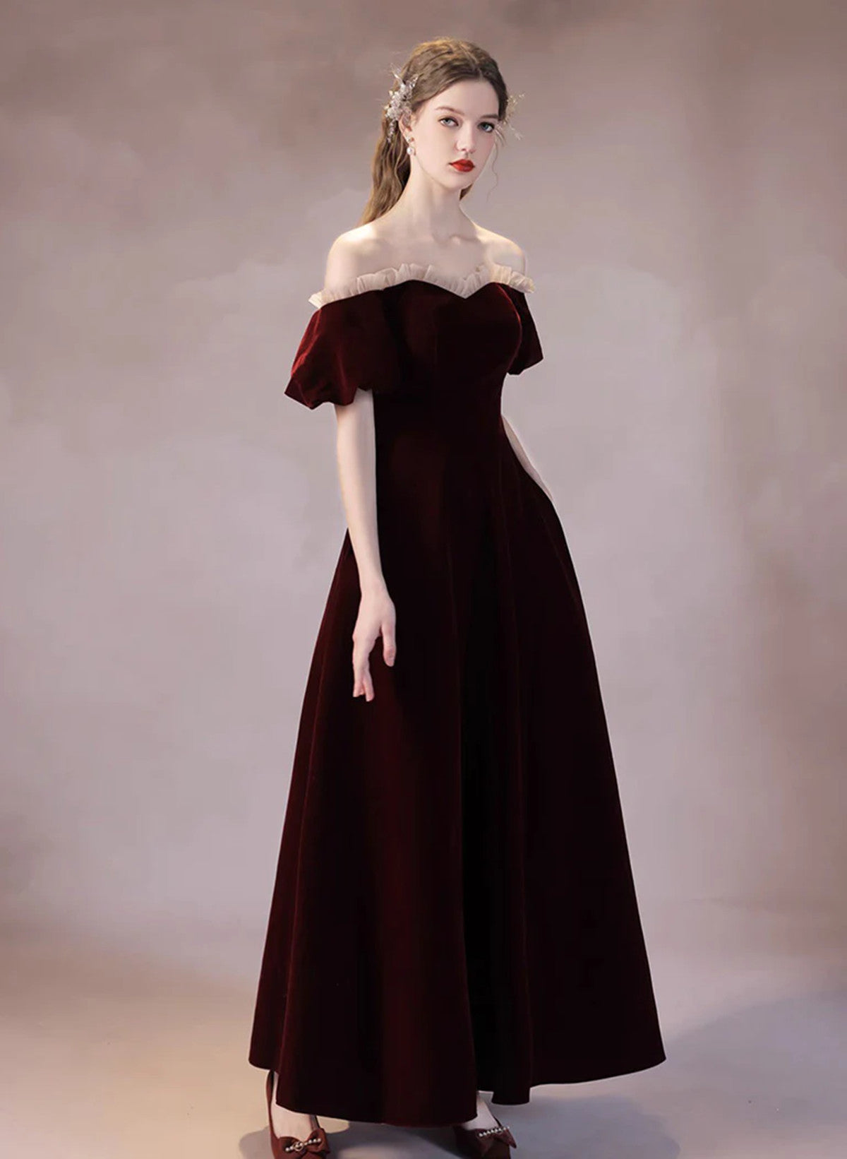 Wine Red Off Shoulder Velvet Long Formal Dress, Wine Red Evening Dress Prom Dress