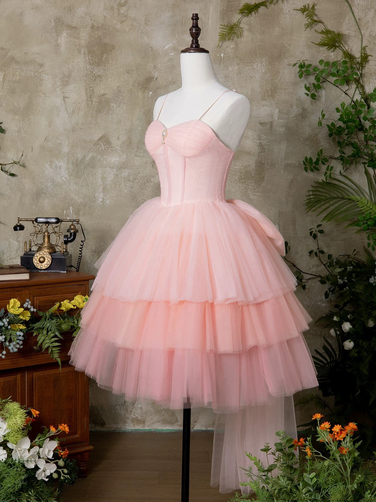 Pink Tulle Sweetheart Straps Knee Length Party Dress, Pink Tulle Homecoming Dress