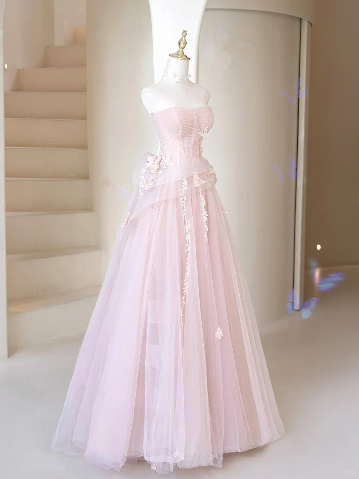 Lovely A-line Tulle Strapless Long Party Dress with Lace, Pink Tulle Prom Dress