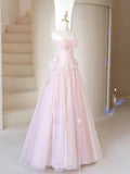 Lovely A-line Tulle Strapless Long Party Dress with Lace, Pink Tulle Prom Dress