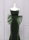 Green Velvet Straps Low Back Evening Dress, Green Velvet Prom Dress