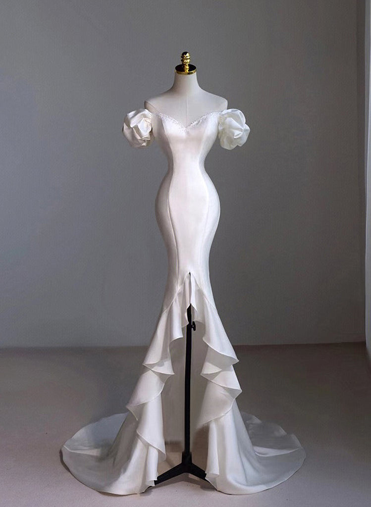 White Satin Sweetheart Wedding Dress with Slit