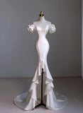 White Satin Sweetheart Beaded Wedding Party Dress, White Satin High Low Formal Dress