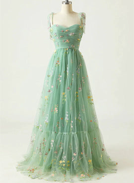 Pretty Green Floral Tulle Straps Long Party Dress, Green Long Prom Dress