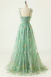 Pretty Green Floral Tulle Straps Long Party Dress, Green Long Prom Dress