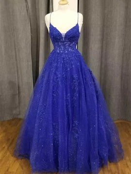 Royal Blue Tulle with Lace Applique Straps Long Party Dress, Royal Blue Prom Dress