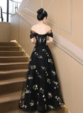 A-line Black Floral Tulle Floor Length Prom Dress, Off the Shoulder Evening Party Dress