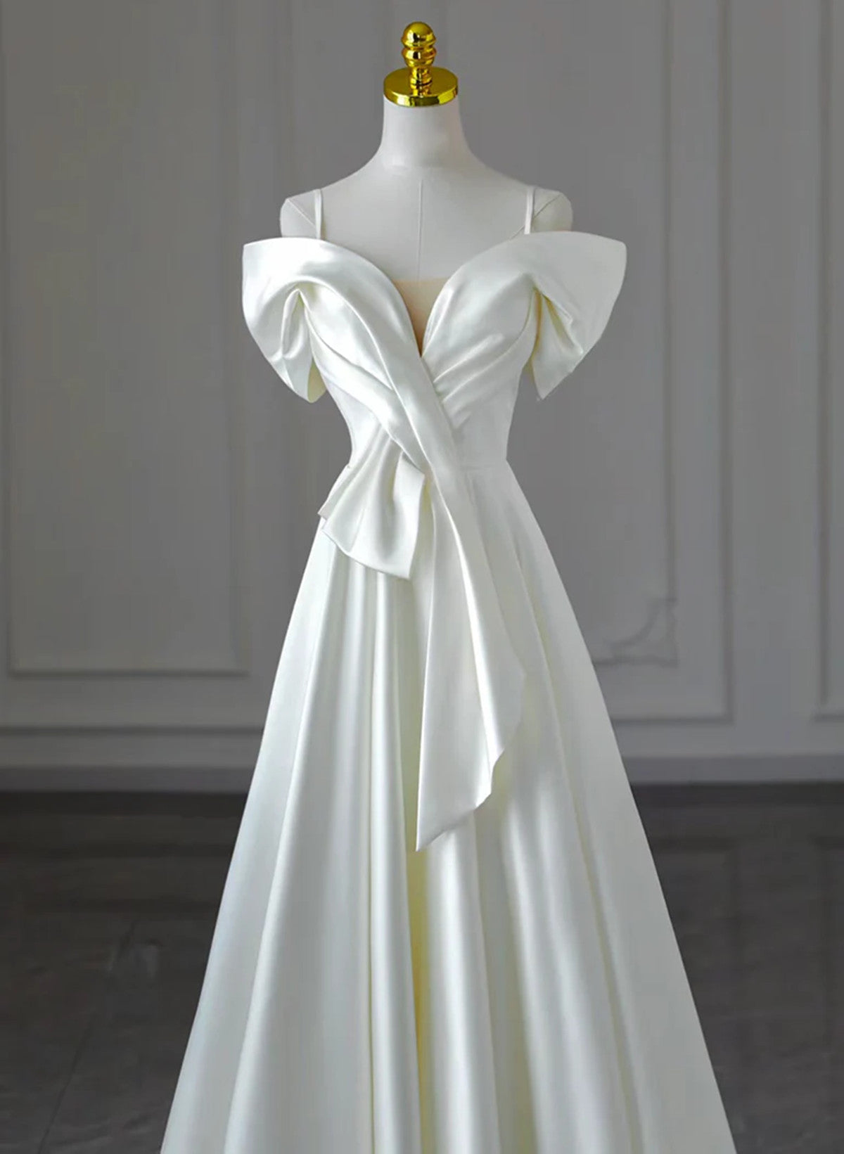 White Satin A-line Off Shoulder Evening Dress, White Satin Long Wedding Party Dress