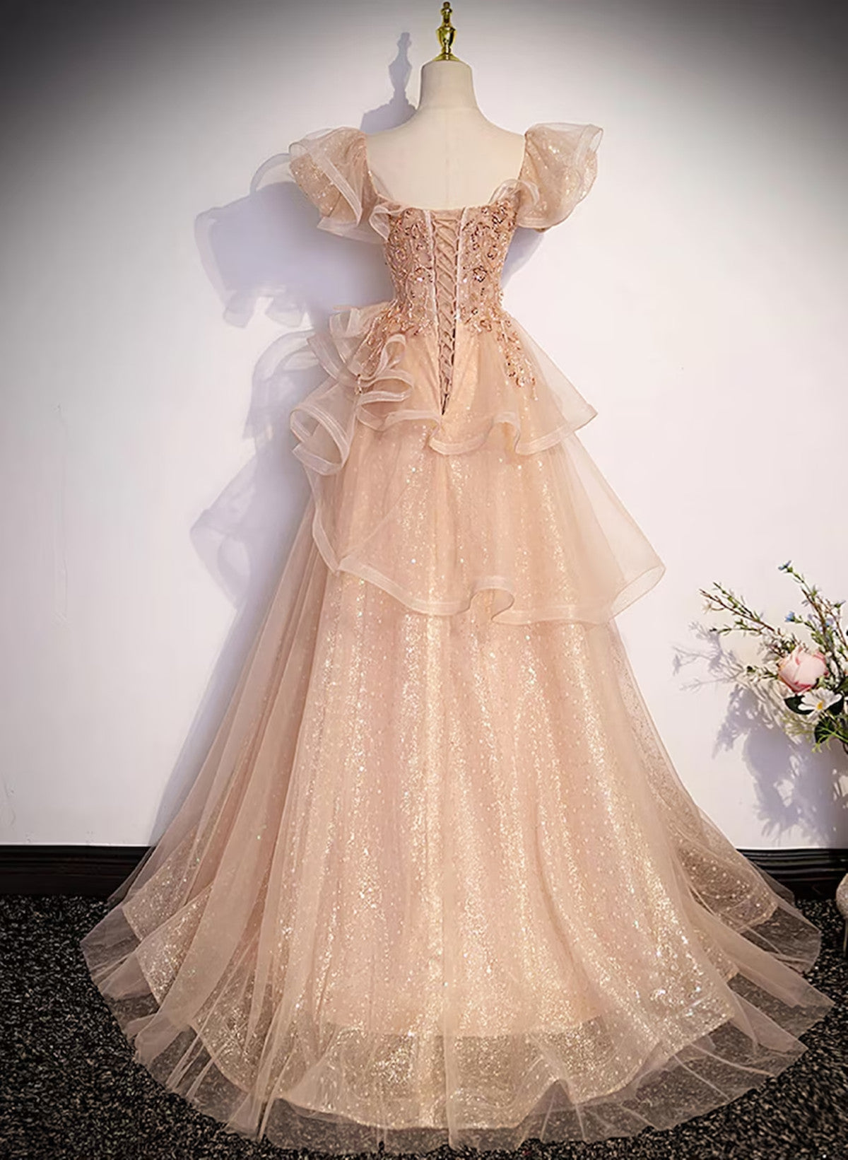 Champagne A-Line Tulle BeadedLong Prom Dress, Champagne Formal Dress