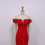 Red Chiffon Mermaid Off Shoulder Wedding Party Dress, Red Long Formal Dress