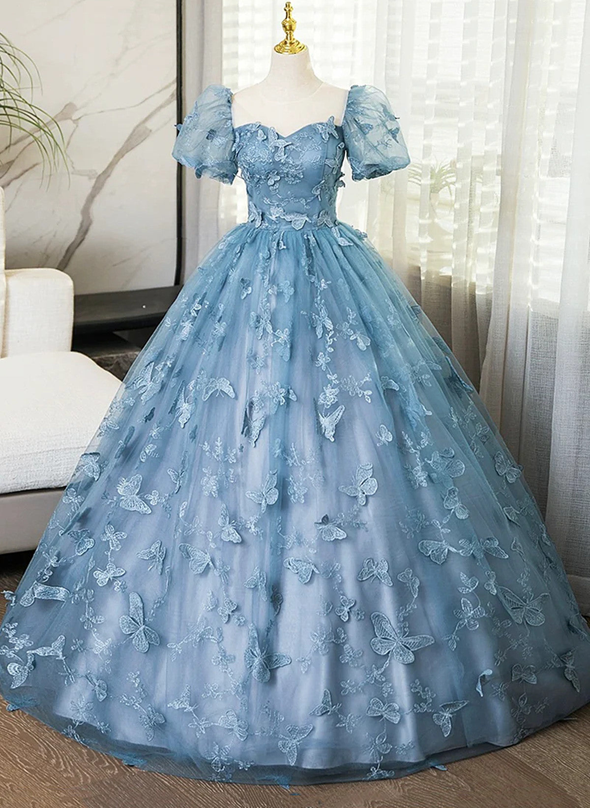 Blue Short Sleeves Long Party Dress with Butterfly Lace, Blue Prom Dress