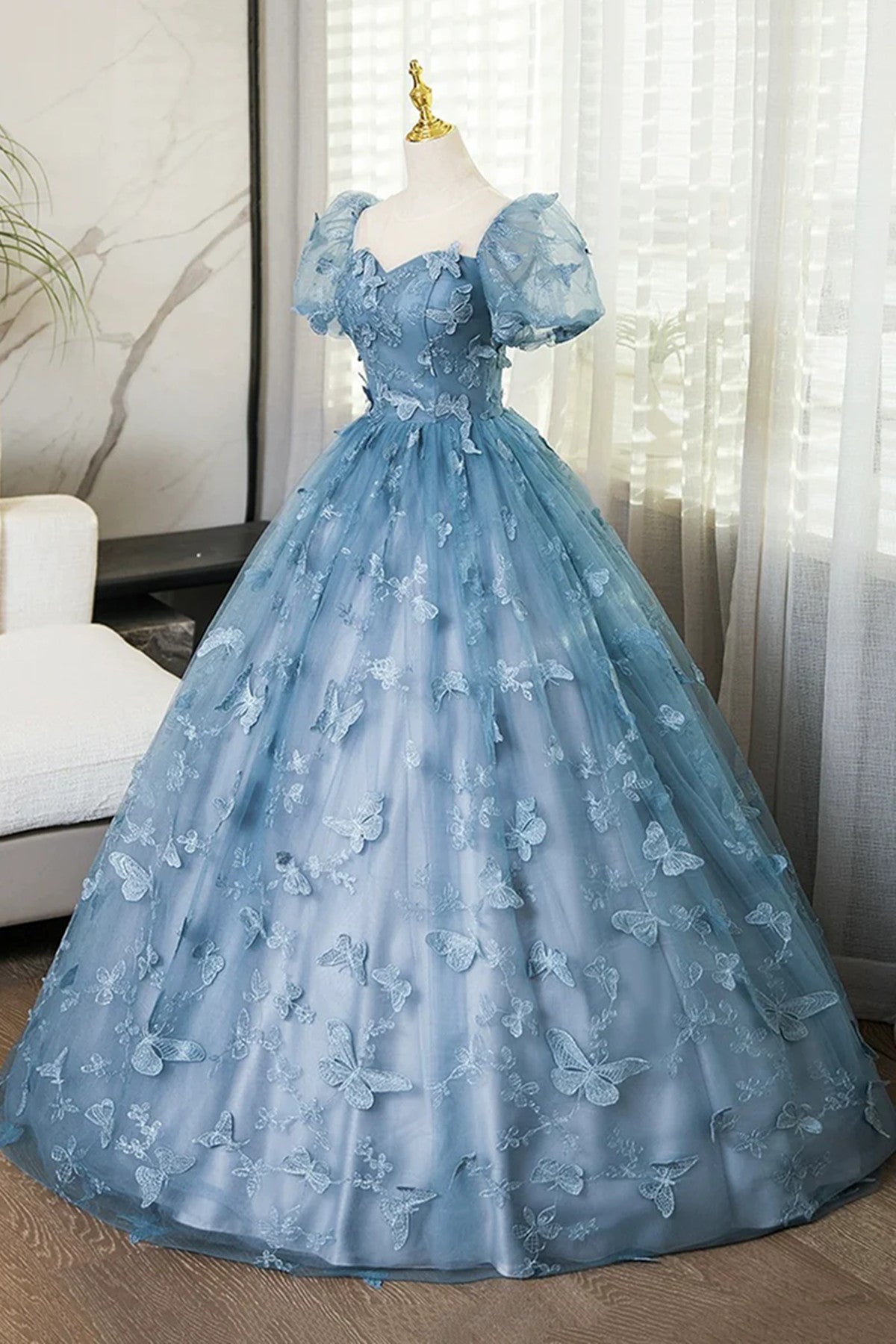 Lovely Blue Short Sleeves Long Party Dress With Butterfly Lace, Blue Prom Dress