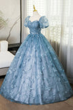 Blue Short Sleeves Long Party Dress with Butterfly Lace, Blue Prom Dress