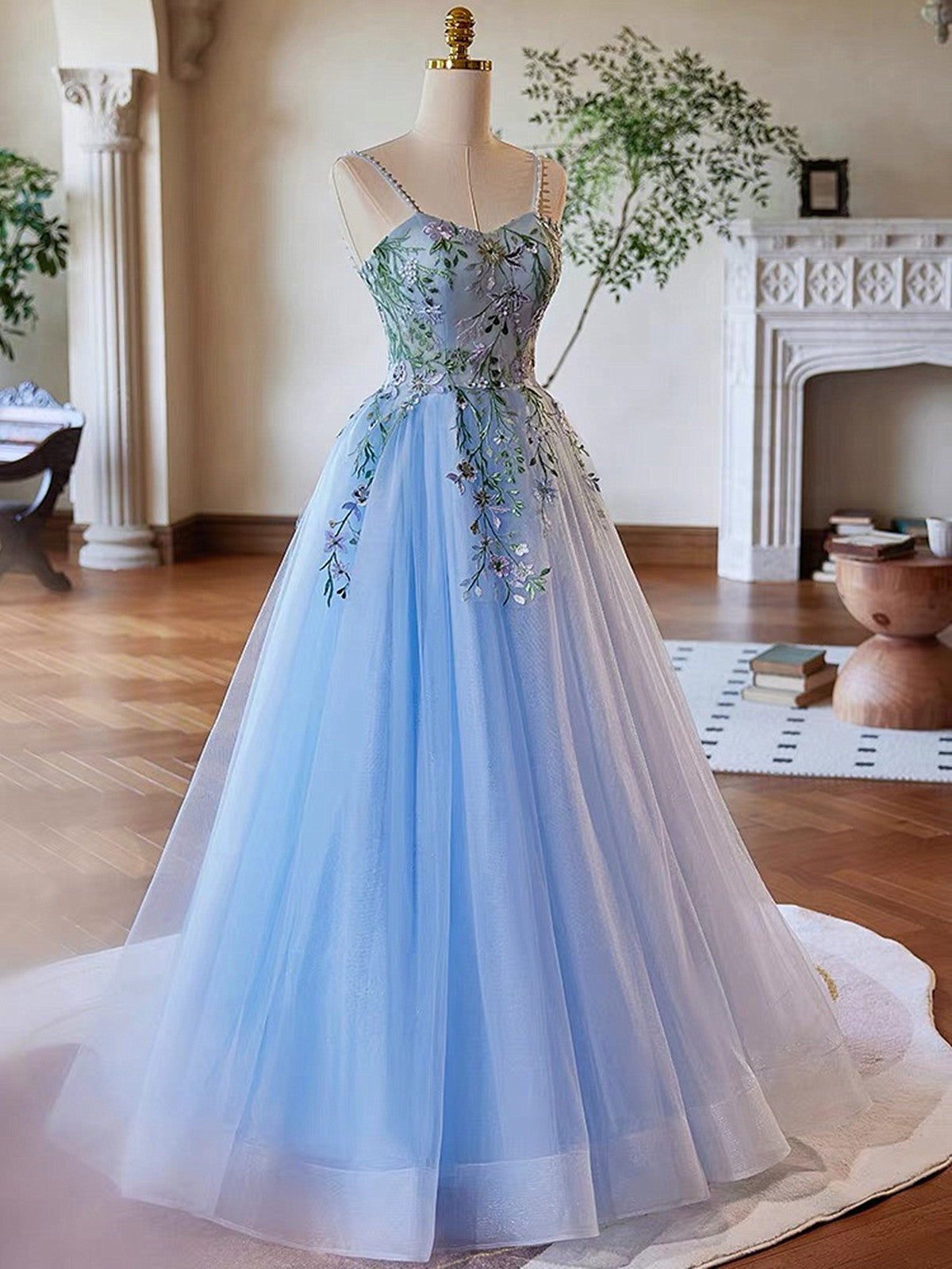 Light Blue Tulle Straps with Lace Applique Prom Dress, Light Blue Party Dress