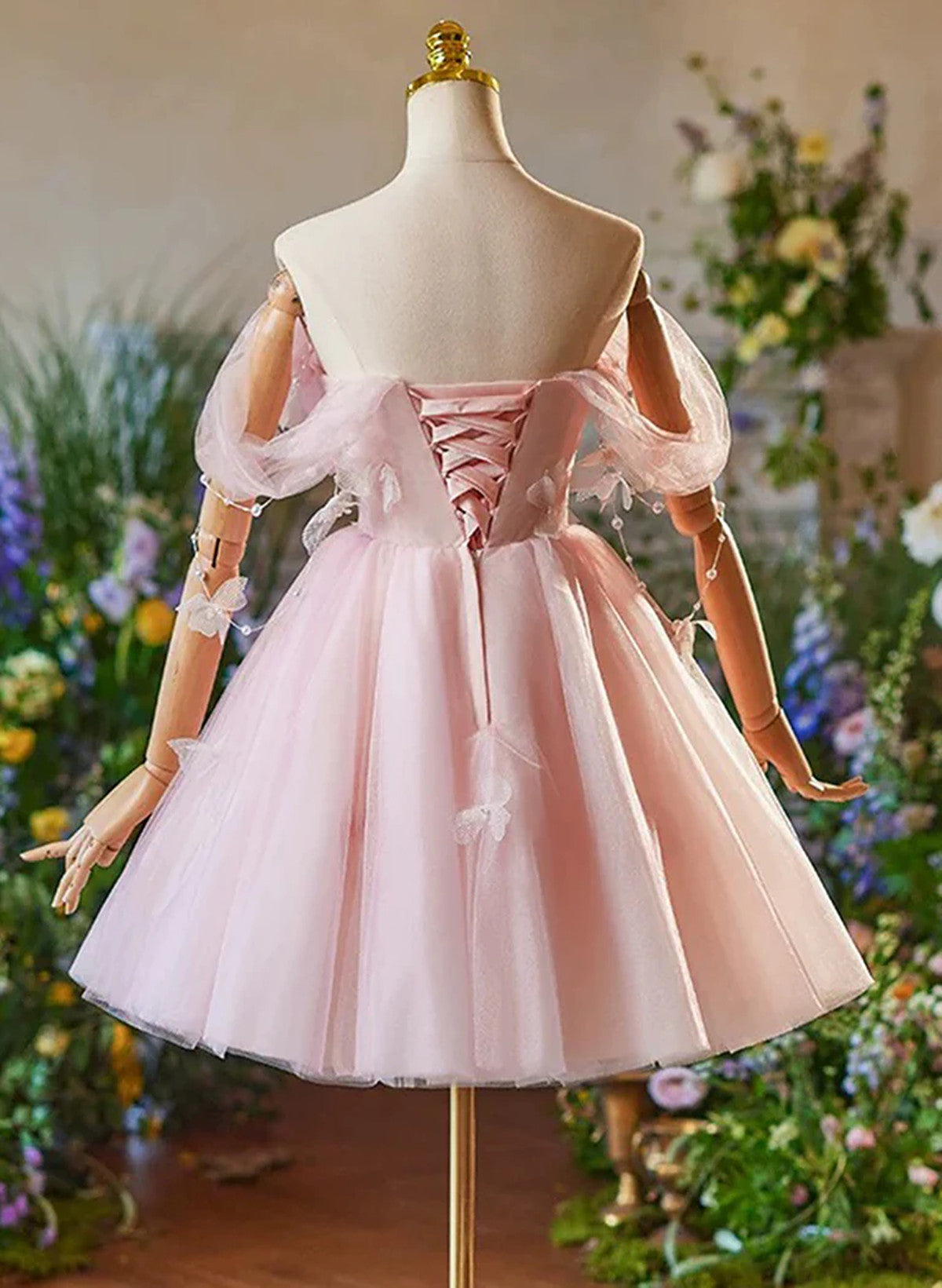 Cute Light Pink Off Shoulder Tulle Homecoming Dress, Pink Short Prom Dress