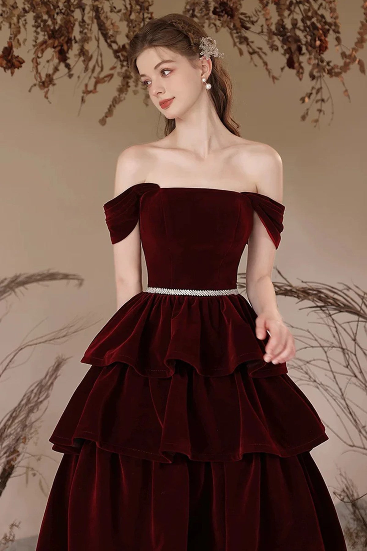 Wine Red Layers Velvet Off Shoulder Prom Dress, Wine Red Party Dress