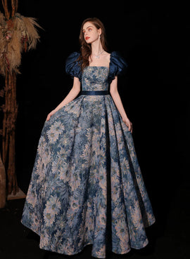 Blue Floral A-line Scoop Long Prom Dress Party Dress, Blue Simple Party Dress