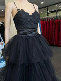 A-line Black Layers Tulle with Lace Straps Party Dress, Black Tulle Prom Dress