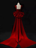 Wine Red Satin Straps Mermaid Long Party Dress with Bow, Wine Red Prom Dress