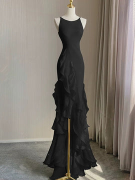 Black Round Neckline Low Back High Low Party Dress, Black Halter Prom Dress