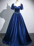 Blue Satin Beaded Short Sleeves Long Formal Dress, Blue Sweetheart Prom Dress