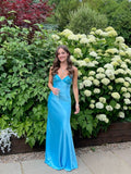 Blue Long Straps Sweetheart Party Dress Formal Dress, Blue Satin Evening Dress