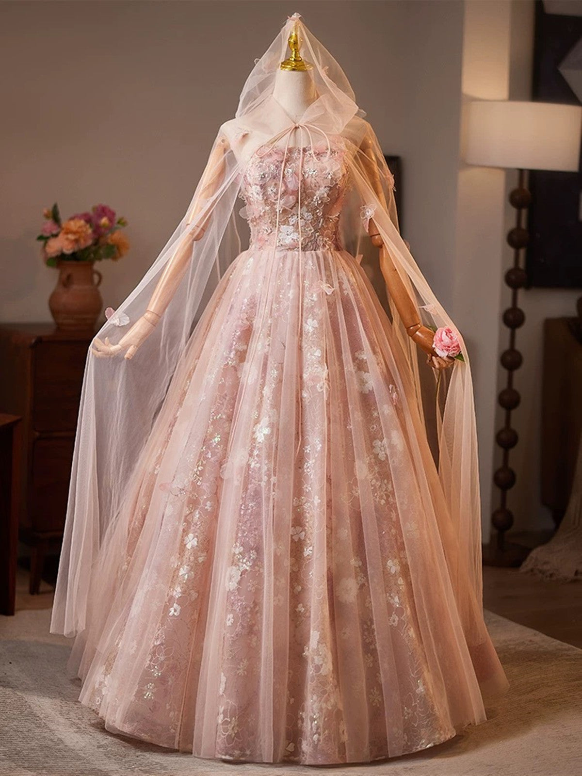 Pink Floral Lace Long Party Dress, A-line Tulle Pink Formal Gown with