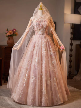 Pink Floral Lace Long Party Dress, A-line Tulle Pink Formal Gown with Cape