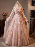 Pink Floral Lace Long Party Dress, A-line Tulle Pink Formal Gown with Cape