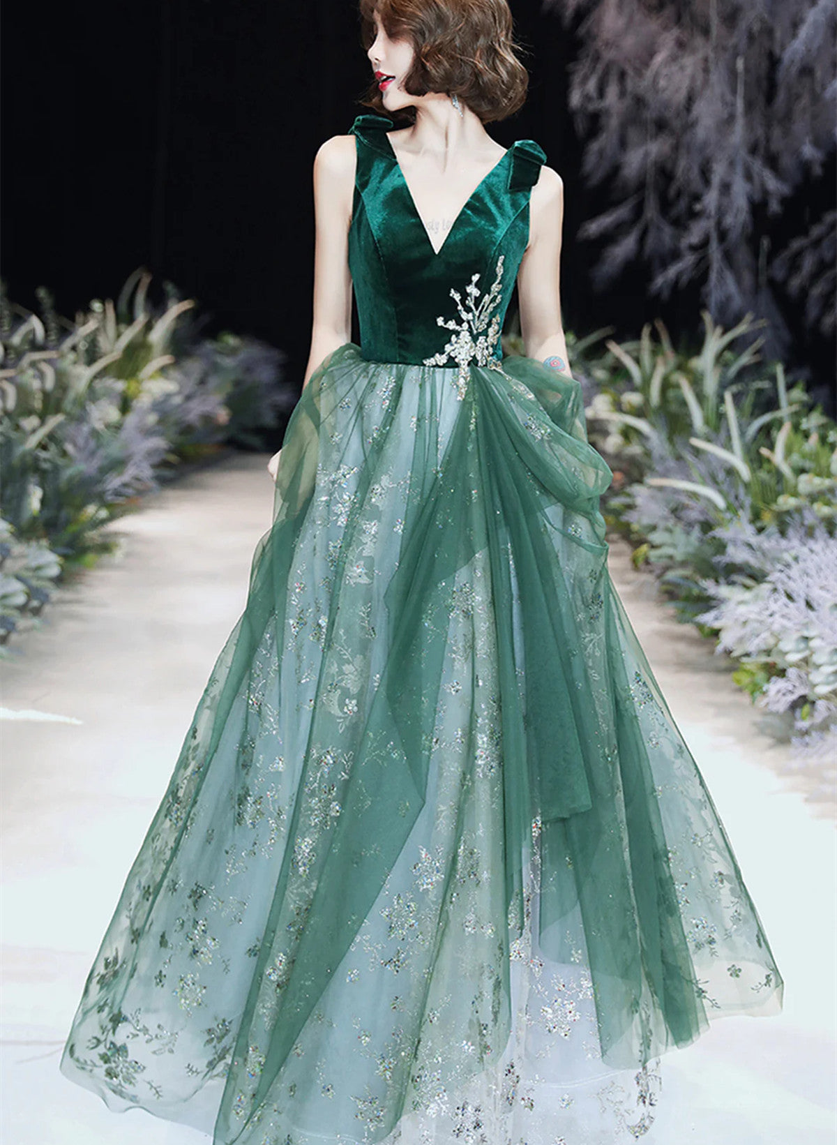 Green A-line Tulle and Velvet Long Party Dress, Green New Style Prom Dress